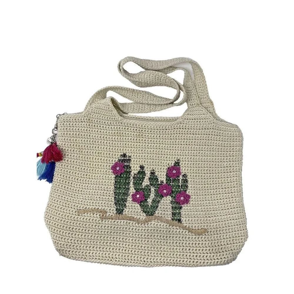 The Sac Ecru Crochet Cactus Flower Hobo Shoulder Bag Tassel Bag Charm Purse - Picture 5 of 8